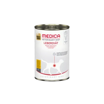 Canned dog food labeled "Select Gold Medica Veterinary Diet Leberdiät" for liver health, featuring a dog silhouette and nutritional claims.