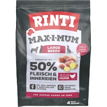 Max-I-Mum Large Breed 4 kg Karma dla psów Rinti Max-I-Mum dla dużych ras, 4 kg worek, zawierająca 50% mięsa i podrobów, z świeżym kurczakiem, przepis bez zbóż i 50% warzyw.
