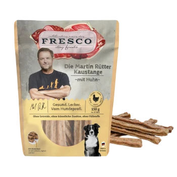 FRESCO hondensnackzakje met kipkauwstaven, 150 g, toont foto van een man (gezicht onscherp), afbeelding van een hond en tekst 'Gesund. Lecker. Vom Hundeprofi.'.