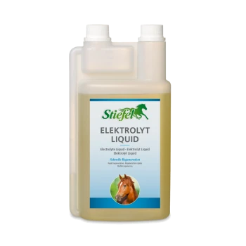 Flüssiges Elektrolyt-Supplement für Pferde in einer klaren Flasche, beschriftet "Stiefel Elektrolyt Liquid" mit einem Pferdebilde und Ansprüchen auf schnelle Regeneration.