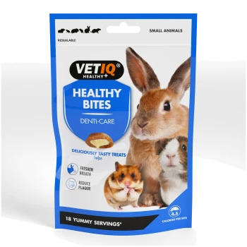 VETIQ Healthy Bites Denti-Care pouch showing rabbit, guinea pig and hamster; label "18 yummy servings"