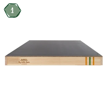 Holzplattform für Haustierbetten mit glattem schwarzen Oberteil, mit dem Logo "My Little Farm by Häusler" an der Seite und bunten Streifen.