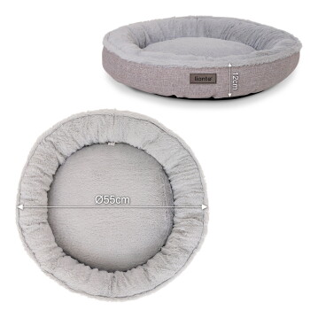 Rundes graues flauschiges Tierbett mit erhöhtem Rand, Etikett 'lionto', weiße Maßangaben 'Ø55cm' und '12cm'.