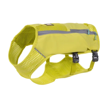 Helle gelbe Haustiergeschirr mit Mesh-Design, mit verstellbaren Riemen und einer Reißverschlusstasche. Ideal für Aktivitäten im Freien.