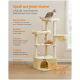 Katzenbaum mit zwei Katzen, Plüschbällen, Sisal-Kratzpfosten und einer gemütlichen Höhle, beschrieben in deutschem Text.
