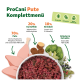 Bild von ProCani Pute Hundefutter mit einer Schüssel rohem Fleisch, mit Text, der die Zutaten hervorhebt: 70% Truthahn, 20% Kartoffeln, 10% Brokkoli und Kräuter.