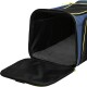 A blue and black pet carrier with a soft gray fleece interior, partially unzipped to reveal the spacious inside.