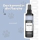 Schwarze Sprühflasche mit der Aufschrift Alphazoo Lavellness mit Lavendelöl, auf blauem Hintergrund mit Pfotenabdrücken und deutschem Text.