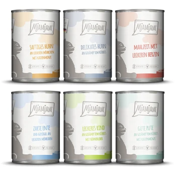Nassfutter Katze Adult, Mixpaket 6x400 g Mixpaket 3 Sechs Dosen Mjamjam Katzenfutter: Huhn mit Karotten, Huhn mit Kürbis, Leckere Herzen, Ente mit Karotten, Rind mit Kürbis, Truthahn mit Kürbis.