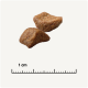 Zwei Stücke Haustierfutter-Kibble auf einem hellen Hintergrund, mit einem Lineal, das 1 cm zur Größenreferenz anzeigt.