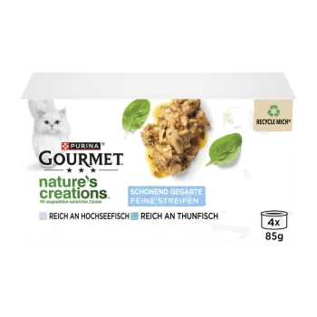Purina Gourmet Nature's Creations Katzenfutter-Schachtel mit weißer Katze, Thunfischstreifen, Spinatblättern und sichtbarem Text ‚4x 85g‘.