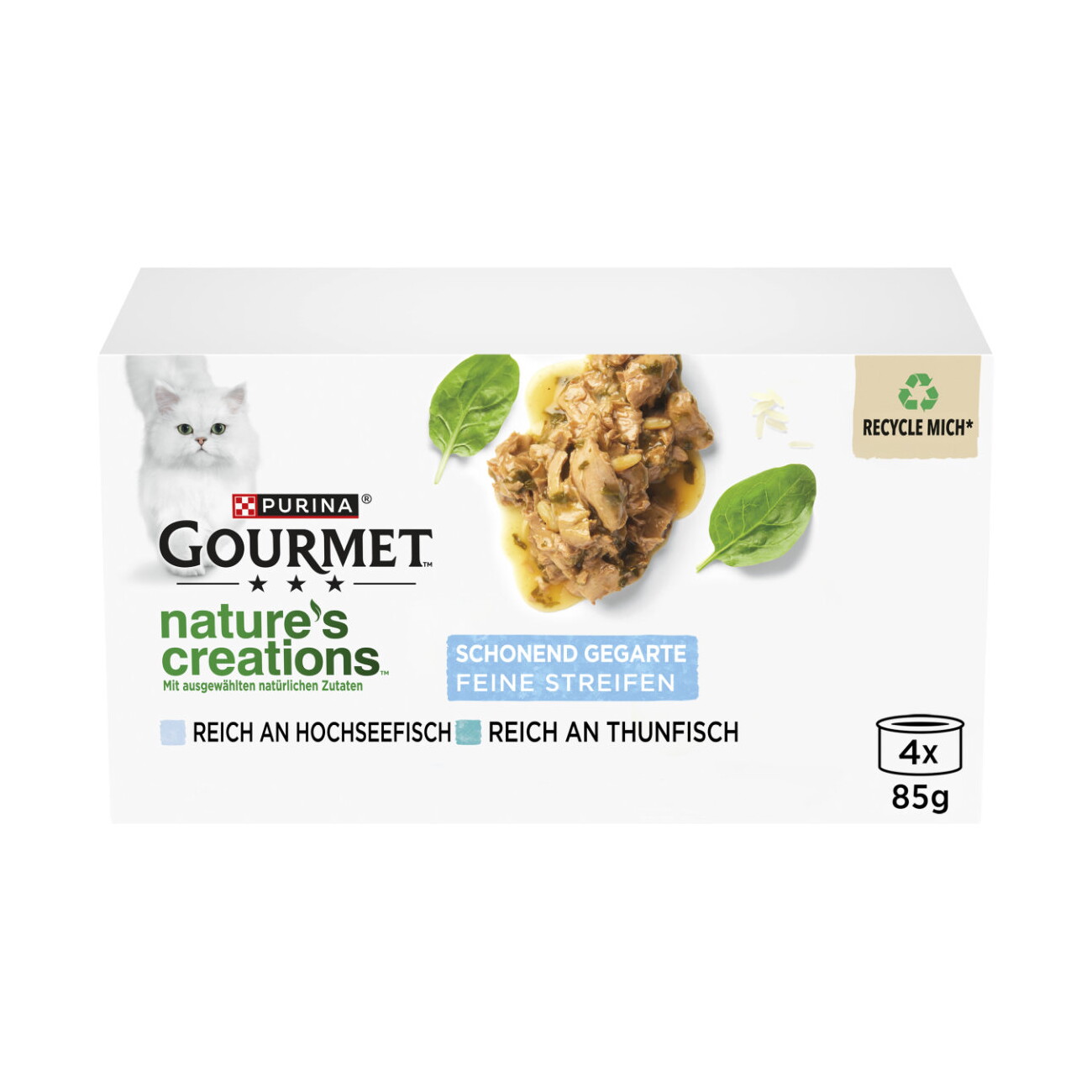 GOURMET Nature's Creations Nassfutter Katze Feine Streifen 4 x 57g Hochseefisch und Thunfisch