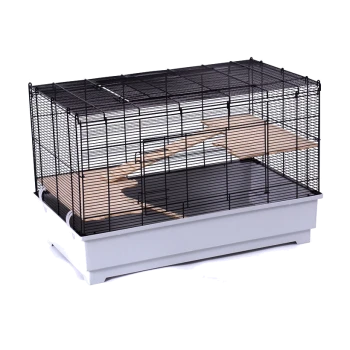 Black wire pet cage with wooden platforms and a white base, designed for small animals like hamsters or guinea pigs.