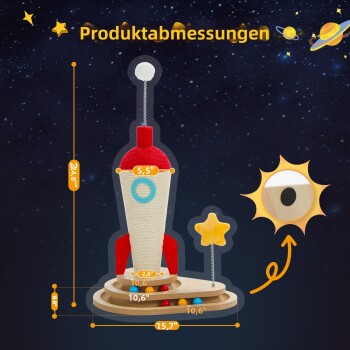 Katze spielt mit einem raketenförmigen Spielzeug in einem weltraumthematischen Umfeld, Text „Rakete Spielzeug im Raum“ und Katze namens Simba, 5,8 kg.