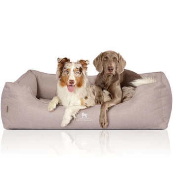 Zwei Hunde liegen zusammen auf einem weichen, beigen Haustierbett, auf dem das Logo "KNUFFELWUFF" sichtbar ist.