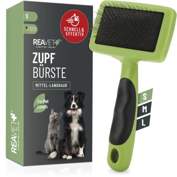 Grüne Haustierpflegebürste für mittel- bis langhaarige Tiere, mit der Aufschrift "ZUPF BÜRSTE," mit einer Box, die eine Katze und einen Hund zeigt.