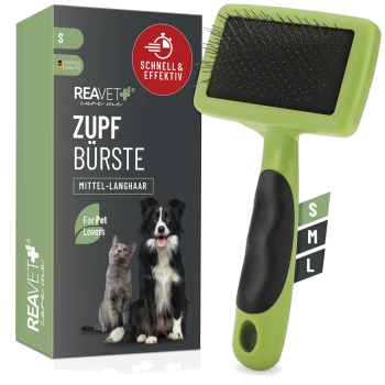 Grüne Haustierpflegebürste für mittel- bis langhaarige Tiere, mit der Aufschrift "ZUPF BÜRSTE," mit einer Box, die eine Katze und einen Hund zeigt.