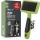 Grüne Haustierpflegebürste für mittel- bis langhaarige Tiere, mit der Aufschrift "ZUPF BÜRSTE," mit einer Box, die eine Katze und einen Hund zeigt.