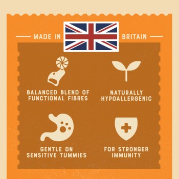 Infographic with a British flag highlighting pet food benefits: balanced fibers, hypoallergenic, gentle on tummies, boosts immunity.