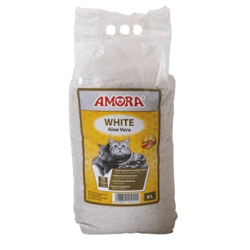 Beutel AMORA Katzenstreu 'WHITE Aloe Vera' (8 L), gelbes Etikett mit zwei Katzen.