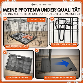 Schwarzer Metall-Haustierkäfig mit Kunststoffwanne und Maßband auf Gras, zeigt Maße von etwa 90 cm.