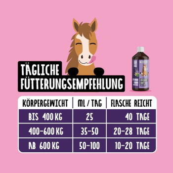Nahaufnahme der Pferdenase neben einer Flasche mit der Aufschrift "Tierliebhaber Chillout Saft" und einem kleinen Becher auf Heu.