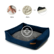 Navy-blaues Haustierbett mit einem weichen grauen Kissen, mit einer Hand- und Pfotenabdruckgrafik, die Komfort und Unterstützung anzeigt.
