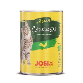 Katzenfutterdose mit einer grauen getigerten Katze, beschriftet 'Hühnchen in Gelee', mit Text in mehreren Sprachen und 'Getreidefreies Rezept'.