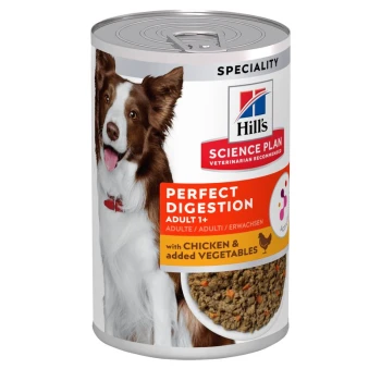 Nourriture pour chiens en conserve de Hill's Science Plan, étiquetée 'Perfect Digestion Adult 1+' avec du poulet et des légumes ajoutés, mettant en avant un chien heureux.