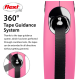 A close-up of a pink flexi dog leash featuring a 360° tape guidance system, with text explaining its jam-free functionality.