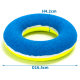 Blauer und gelber Haustierspielring, mit einer Höhe von 4,2 cm und einem Durchmesser von 16,5 cm, auf einem weißen Hintergrund präsentiert.