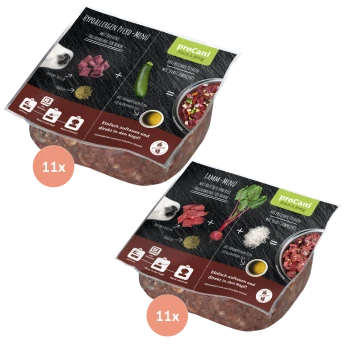 Zwei Pakete proCani Haustierfutter, beschriftet mit "Hypoallergen Pferd-Menü" und "Lamm-Menü," jeweils mit Zutaten und Zubereitungsanweisungen.