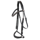 Schwarzes Lederpferdegeschirr mit dekorativen Strasssteinen, mit mehreren Riemen und Schnallen zur Anpassung.