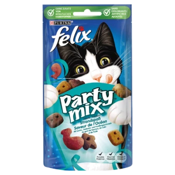 Eine bunte Katzenleckerlitasche mit dem Gesicht einer verspielten Katze, beschriftet mit "Felix Party Mix" mit Meeresgeschmack, ohne künstliche Farben.