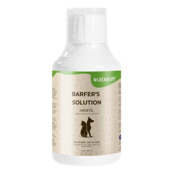 Flasche BARFER'S SOLUTION Hanföl für Hunde und Katzen, 500 ml, mit einer Silhouette eines Hundes und einer Katze auf dem Etikett.