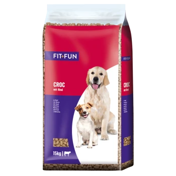 Hundefutterbeutel mit der Aufschrift "FIT+FUN CROС mit Rind," mit zwei Hunden auf der Vorderseite, mit einem Gewicht von 15 kg.