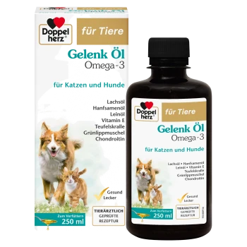 Doppelherz 'für Tiere' Gelenk Öl Omega-3 doos en fles (250 ml) voor katten en honden, toont hond en kat