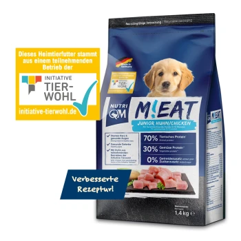 Beutel Nutri QM M!EAT Junior Chicken Hundefutter mit 70 % tierischem Protein, 30 % pflanzlichem Protein, 0 % zugesetztem Getreide oder Zucker.