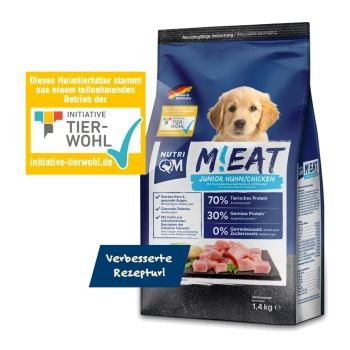 Beutel Nutri QM M!EAT Junior Chicken Hundefutter mit 70 % tierischem Protein, 30 % pflanzlichem Protein, 0 % zugesetztem Getreide oder Zucker.