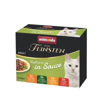 Verpackung von Animonda Katzenfutter, das die Sorte "vom Feinsten" für Erwachsene in Sauce zeigt, mit Geschmacksrichtungen wie Geflügel, Rindfleisch und Apfel.