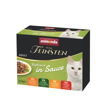 Verpackung von Animonda Katzenfutter, das die Sorte "vom Feinsten" für Erwachsene in Sauce zeigt, mit Geschmacksrichtungen wie Geflügel, Rindfleisch und Apfel.