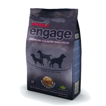 Premium country dog food bag labeled "Engage" with a duck and rice recipe, featuring silhouettes of dogs and nutritional info.