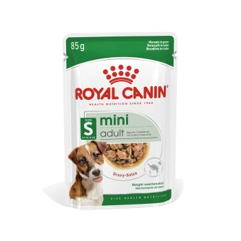 Royal Canin Mini Adult 85g pouch, Gravy-Salsa weight maintenance, Size S up to 10 kg, with small dog photo
