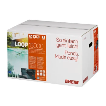 Teichfilter Komplettset LOOP Loop 15000 Weiße Box mit der Aufschrift 'LOOP 15000' mit Bildern eines Teichfilters, mit dem Text 'So einfach geht Teich! Ponds. Made easy!' und EHEIM-Logo.