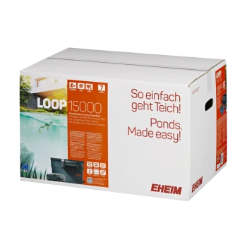 Weiße Box mit der Aufschrift 'LOOP 15000' mit Bildern eines Teichfilters, mit dem Text 'So einfach geht Teich! Ponds. Made easy!' und EHEIM-Logo.