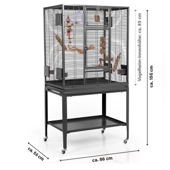 Großer Vogelkäfig auf Rädern, ausgestattet mit mehreren Sitzstangen und Spielzeugen, mit beschrifteten Abmessungen: Höhe 156 cm, Breite 86 cm, Tiefe 56 cm.