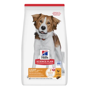 Hill's Science Plan Light Hundefutterbeutel, Adult 1–6 Medium 11–25 kg, mit Huhn; Abzeichen '3 wesentliche Vorteile'.