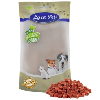 Lyra Pet Hundeleckerlipaket mit einem Logo, das Bilder eines Hundes, einer Katze und eines kleinen Hundes zeigt, neben einem Haufen Leckerliwürfel.