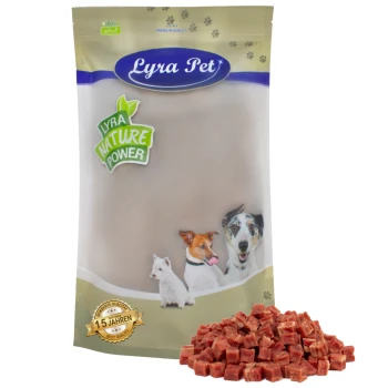 Lyra Pet Hundeleckerlipaket mit einem Logo, das Bilder eines Hundes, einer Katze und eines kleinen Hundes zeigt, neben einem Haufen Leckerliwürfel.