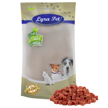 Lyra Pet Hundeleckerlipaket mit einem Logo, das Bilder eines Hundes, einer Katze und eines kleinen Hundes zeigt, neben einem Haufen Leckerliwürfel.